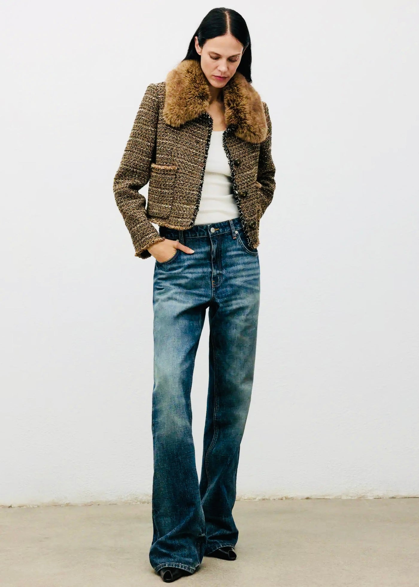 Veste tweed col fourrure