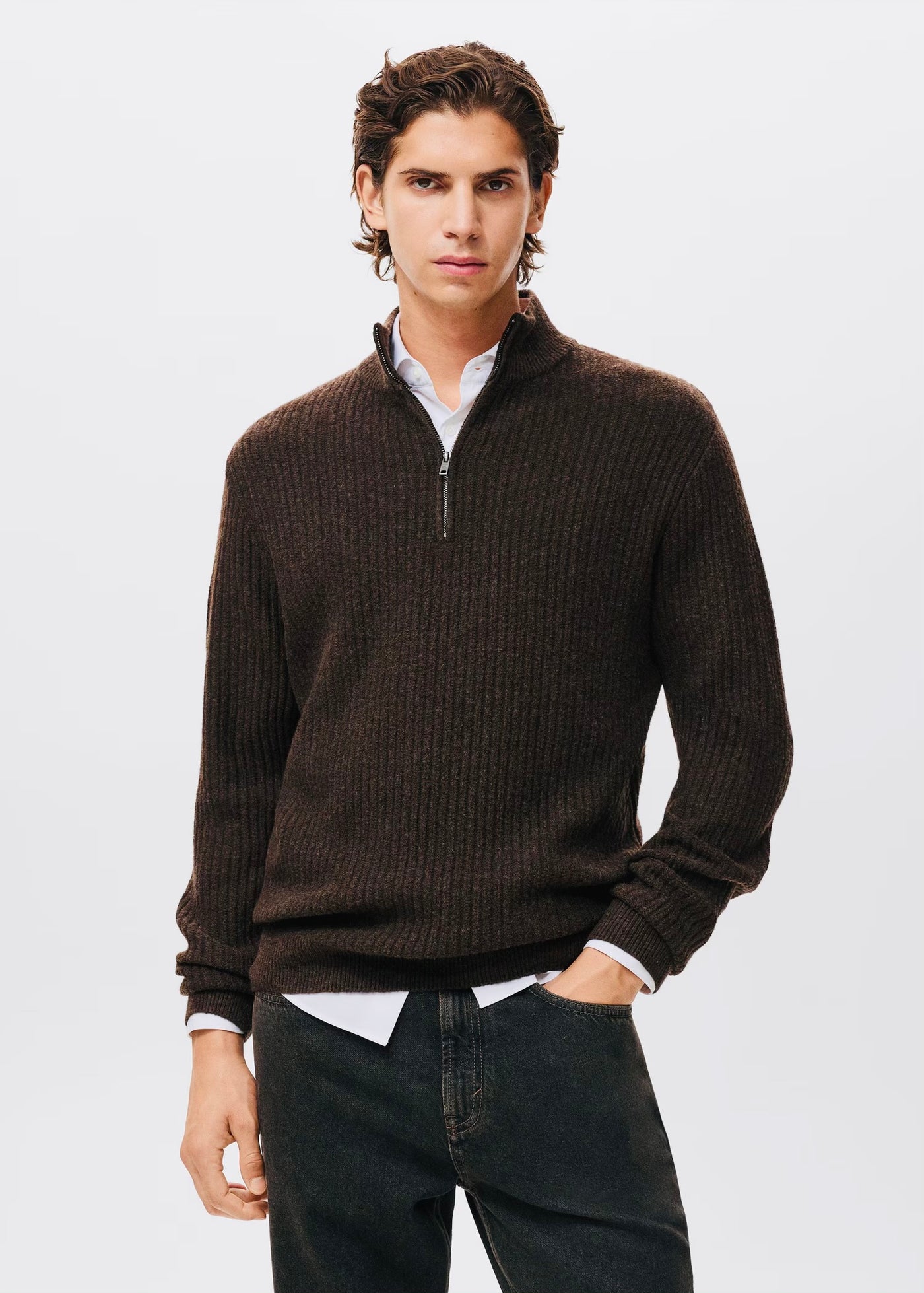 Pull over en maille côtelée à col zippé