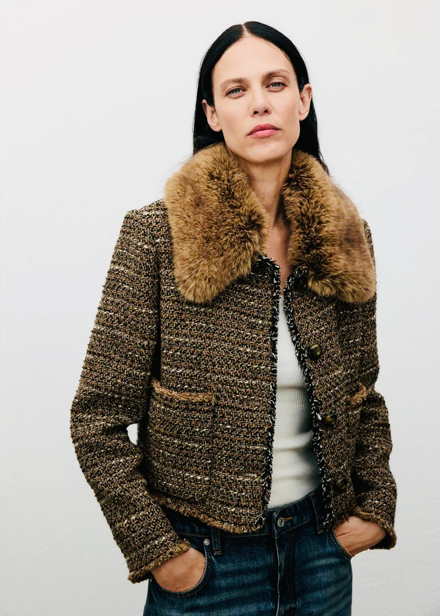 Veste tweed col fourrure